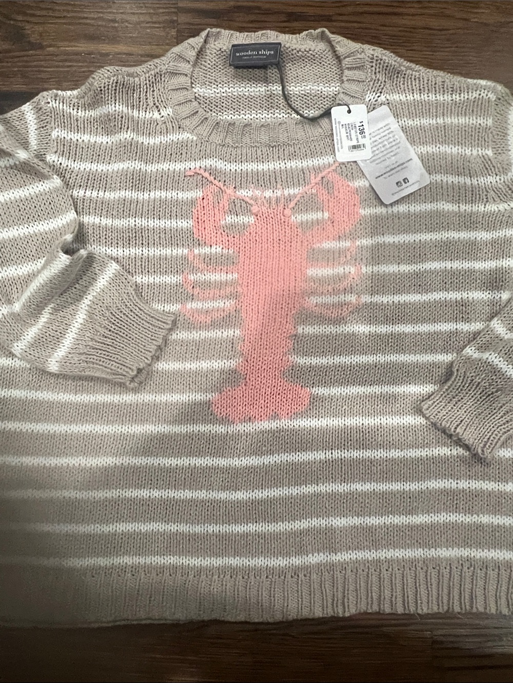 Wooden Ships Beige & White Striped Crewneck Sweater with Pink Lobster Motif